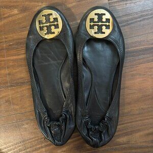 Tory Burch Reva Ballet Flats 6.5M Black Genuine Leather Gold Logo Shoes